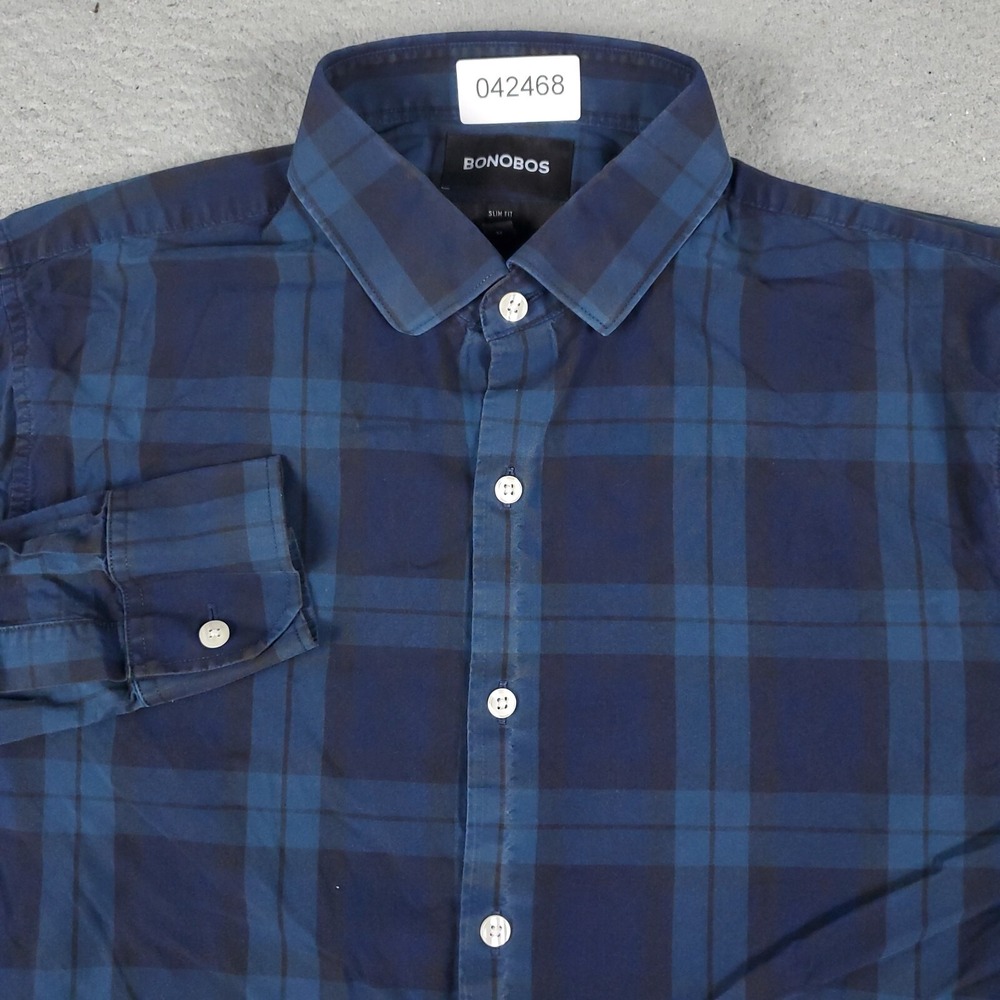 Bonobos Mens Medium Blue Plaid Slim Fit Button Up Long Sleeve Shirt 042468